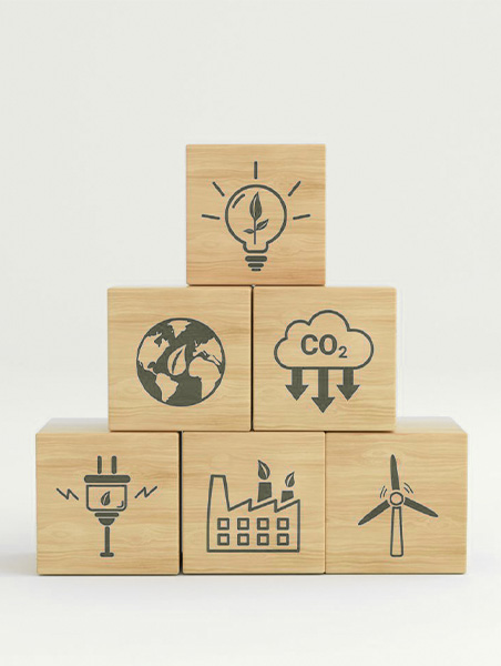 Empilement de cubes gravés avec des symboles d'actions RSE (baisse des émissions de CO2, énergies renouvelables, etc...)